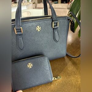 Tory Burch Dark Blue Satchel and Wallet Set